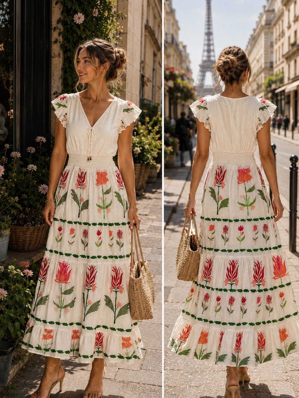 Kindred Tropical Floral Midi Dress Smocked Waist Boho S